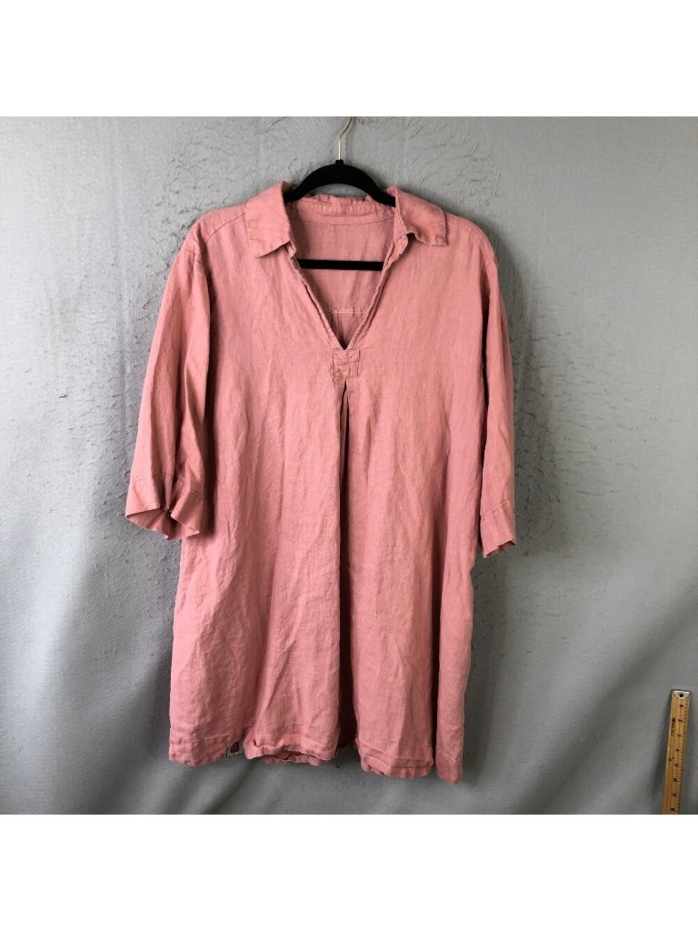 Linen Dress Womens L Pink Linen Collared Shift 3/4 Sleeve Tunic Lagenlook